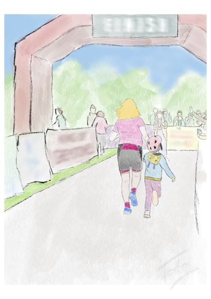 Louise and Fiadh cross the finish line at the King of Greystones triathlon