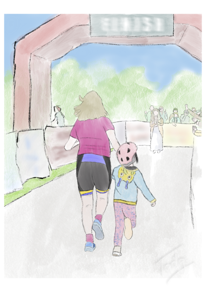 A closer angle: Louise and Fiadh cross the finish line at the King of Greystones triathlon