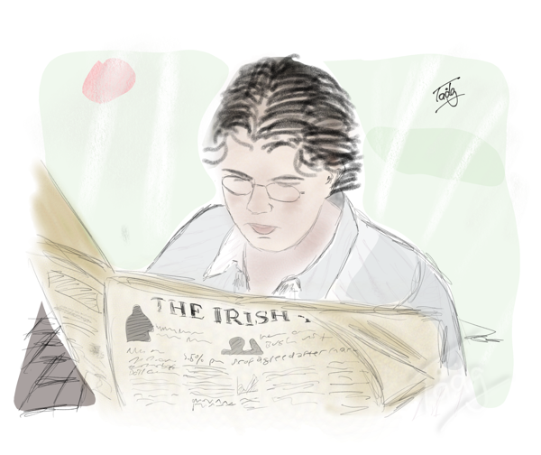 Emma reads the newspaper, circa 2004. Rest in peace.